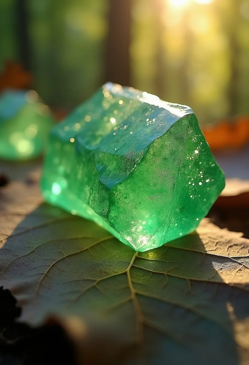 highly detailed green crystal wind (with fine textures) on a textured and aged dry leaf surface, vibrant contrast between (crystal wind) and (yellowed dry leaves), depth and shadow enhanced using (gaussian blur) for a soft background focus, (sharp filter) applied to the crystal wind, (color grading) to improve the contrast between warm and cool tones, (lens flare) subtly added to create natural lighting effect, (noise reduction) for a soft and clean finish, (HDR toning) used for extra depth and detail, emphasizing the intricate patterns in the crystal wind and tree leaves