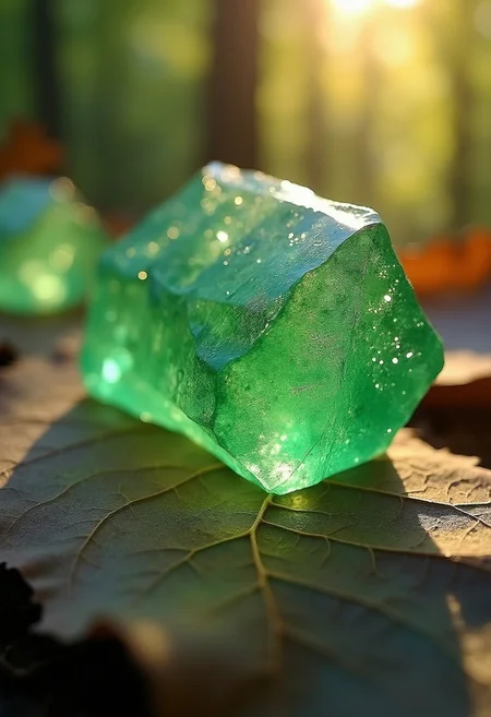 highly detailed green crystal wind (with fine textures) on a textured and aged dry leaf surface, vibrant contrast between (crystal wind) and (yellowed dry leaves), depth and shadow enhanced using (gaussian blur) for a soft background focus, (sharp filter) applied to the crystal wind, (color grading) to improve the contrast between warm and cool tones, (lens flare) subtly added to create natural lighting effect, (noise reduction) for a soft and clean finish, (HDR toning) used for extra depth and detail, emphasizing the intricate patterns in the crystal wind and tree leaves