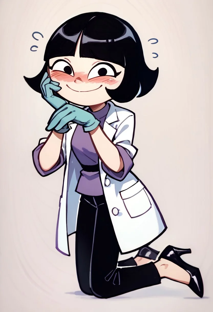 score_9, score_8_up, score_7_up BREAK LeeLeeDL, 1girl, black hair, bob cut, blunt bangs, black eyes, white lab coat, purple medical gloves, black pants, black heeled shoes, blushing, nervous smile at viewer,