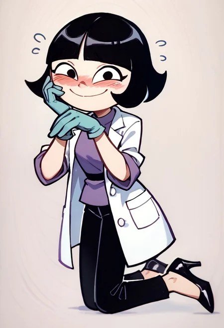 score_9, score_8_up, score_7_up BREAK LeeLeeDL, 1girl, black hair, bob cut, blunt bangs, black eyes, white lab coat, purple medical gloves, black pants, black heeled shoes, blushing, nervous smile at viewer,