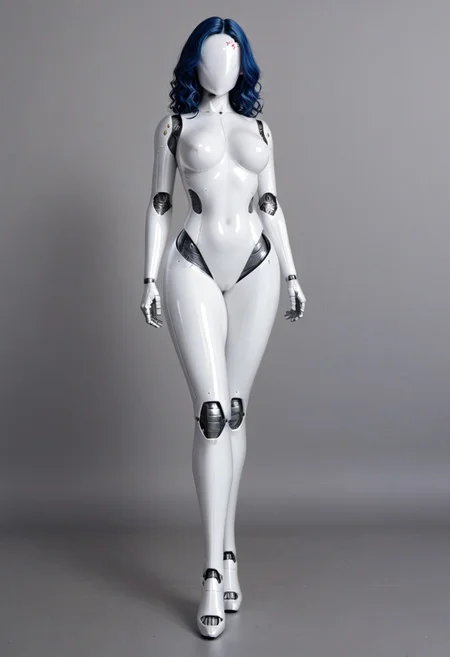 solo, A 35mm full length photo of a beautiful 20 year old woman, she is a humanoid robot , robotic body, freckles, smooth featureless grey robotic skin, robotic aerials, metallic dark blue hair, elegant white latex bodysuit with dark grey trim, standing in a living room
TheFaceLess, mannequin, faceless, egghead