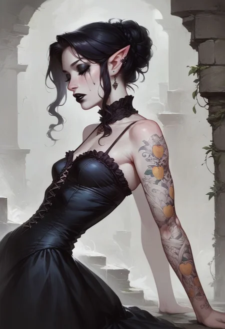 (score_9, score_8_up:1.3), score_6_up, score_7_up, score_9
Simple background, castle stone wall, dungeon, dark, moody
BREAK 1female, goth, pale skin, white skin, grey skin, eyes closed, shy, pointy ears, pointed ears, black hair, huge ass, wide hips, round hips, thick thighs, pear shape, small breasts, arm tattoos, body tattoos, standing, hands behind back, victorian dress, shoulder length hair, beautiful female, perfect face, high resolution, toned body, black lipstick, black makeup, running makeup, solo, alone, side view, from the side, sfw
