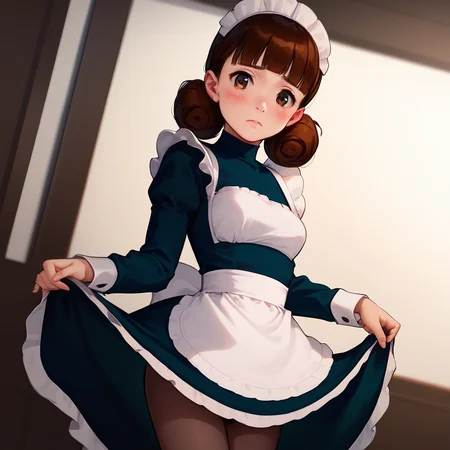 score_9, score_8_up, score_7_up, Stable_Yogis_PDXL_Positives, cowboy shot, solo, <lora:MsMari:1> ms_mari, brown hair, short hair, bangs, blunt bangs, cinnamon bun hair, brown eyes, maid outfit, frills, french maid, indoors, manor indoors, (frown:0.8), blush, looking at viewer, <lora:Expressive_H:0.4> expressiveh, <lora:Smooth Style 2 SDXL_LoRA_Pony Diffusion V6 XL:0.6>