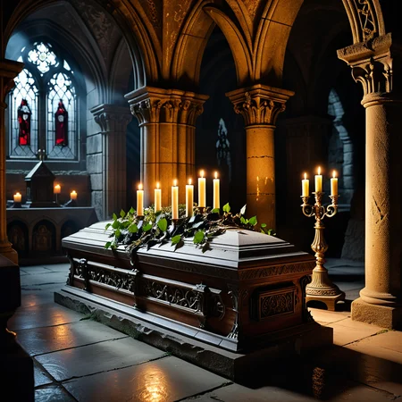 horror-themed A dramatic and atmospheric photograph of the interior of an ancient crypt, dimly lit by flickering candlelight. The crypt features old, cracked stone walls covered in moss and ivy, with intricate carvings and Gothic details etched into the stone. At the center of the crypt lies an ornate vampire coffin, made of dark, polished wood with silver and gold inlays, adorned with ancient symbols and intricate Gothic patterns. The coffin is slightly ajar, revealing a glimpse of red velvet lining. Surrounding the coffin are scattered bones, dusty cobwebs, and antique candelabras with melting candles, casting eerie shadows across the crypt. The mood is dark, mysterious, and hauntingly beautiful, with subtle rays of pale moonlight filtering through a small, broken stained-glass window.
<lora:SDXLFaeTastic2400:0.4> <lora:extremely_detailed:0.4> extremely detailed,, eerie, unsettling, dark, spooky, suspenseful, grim, highly detailed, Masterpiece,best quality,hi res,8k,hi res,8k,award winning,(sharp focus, intricate, highly detailed),