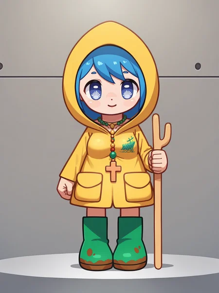 score_9, score_8_up, score_7_up, score_6_up, score_5_up, 
Luce, symbol-shaped_pupils, (solo), umbrella,  raincoat, 1girl, solo, large_breasts, rubber_boots, yellow_raincoat, blue_hair, blue_eyes, boots, hood, full_body, smile, short_hair, holding, hood_up, standing, long_sleeves, bangs, yellow_footwear, necklace, jewelry
 <lora:Luce_Vatican:1> <lora:The_Hero_Is_Dead:.5>