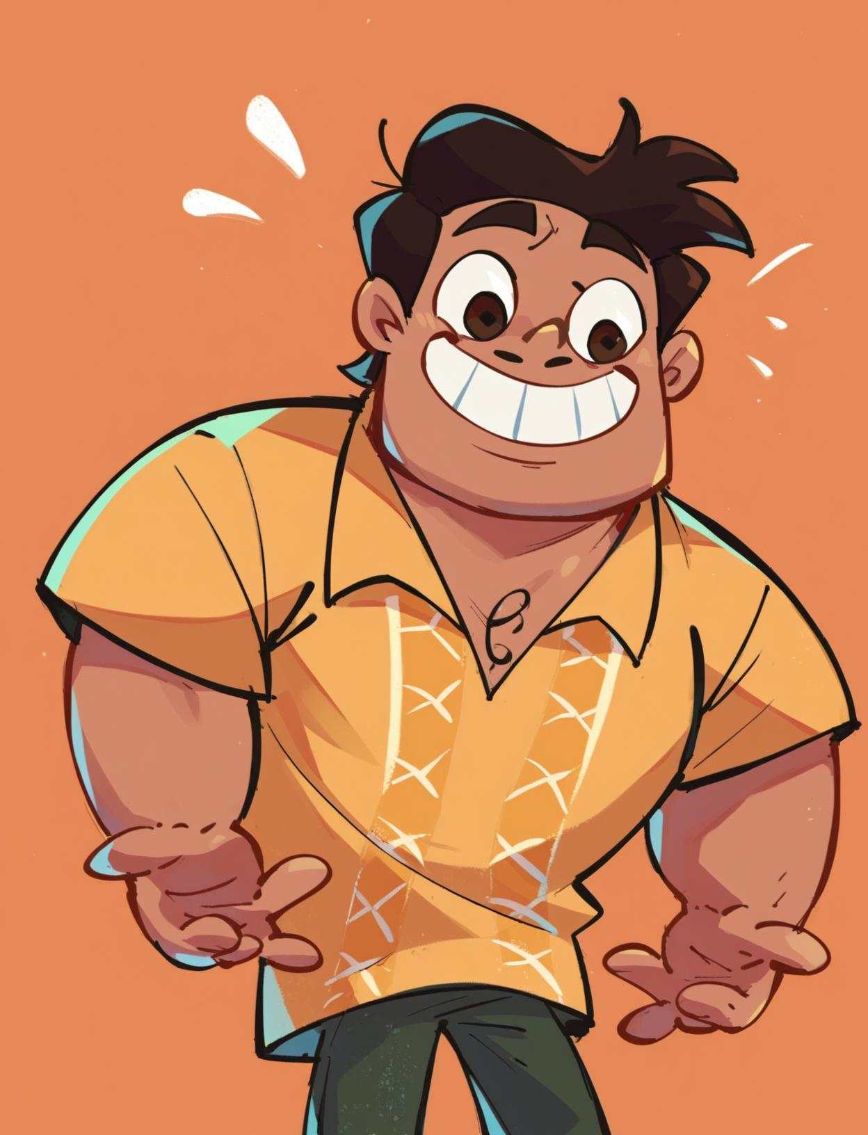 score_9, score_8_up, score_7_up, score_6_up, score_5_up, 1boy, <lora:SVTFOE_Diaz_Family:1> rafael diaz, yellow shirt, pants, smile, 
<lora:Khyleri_EXL:0.65>   orange background,