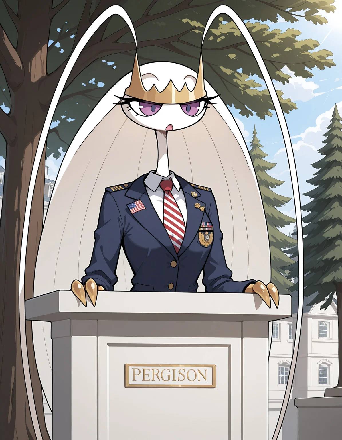 masterpiece, best quality, amazing quality, very detailed, newest, no humans, WnPhrms, pokemon \(creature\), insectoid, arthropod, gold tiara, purple eyes, cinematic lighting, (solo), anthro, 1girl, calm, podium, desk, very long hair, (president of the united states, potus, white house), open mouth, outside, trees, confident, outdoors, gold claws, public speech, shirt, jacket, necktie, elegant, (american flag:1.4), dark blue jacket, <lora:4630d43b-34ad-44b5-a98d-ee1aa835f397:0.8>