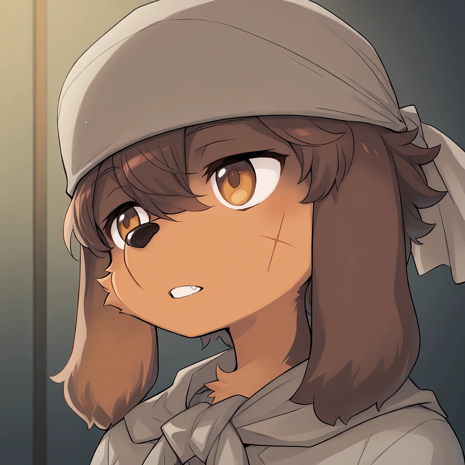 BREAK, <lora:Jin_Macchiato:1>, jin macchiato, fuga: melodies of steel, kemono, furry male, young male, 1boy, dog boy, scar, scar on cheek, scar on right cheek, dark brown fur, light brown fur, multicolored fur, brown eyes, brown hair, hair between eyes, sidelocks, dog ears, long ears, floppy ears, long snout,
BREAK, bandana, neckerchief
BREAK, solo, face focus, close-up, looking away, head tilt, teeth,
