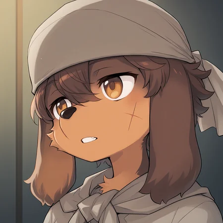 BREAK, <lora:Jin_Macchiato:1>, jin macchiato, fuga: melodies of steel, kemono, furry male, young male, 1boy, dog boy, scar, scar on cheek, scar on right cheek, dark brown fur, light brown fur, multicolored fur, brown eyes, brown hair, hair between eyes, sidelocks, dog ears, long ears, floppy ears, long snout,
BREAK, bandana, neckerchief
BREAK, solo, face focus, close-up, looking away, head tilt, teeth,