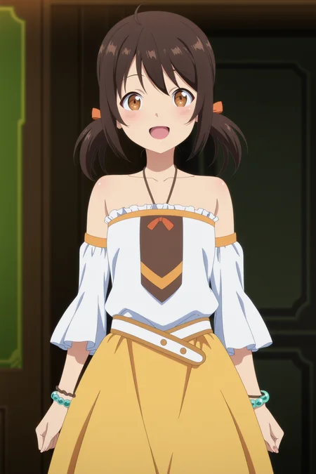 anime coloring, anime screencap, masterpiece, best quality, amazing quality, detailed face,
 <lora:Suzu_Taniguchi_Arifureta:.9>Suzu Taniguchi, 1girl, solo, twintails, brown eyes, bare shoulders, jewelry, detached white sleeves, ribbon, bracelet, hair ribbon, cowboy shot, mouth open, smile, :D, looking at the viewer