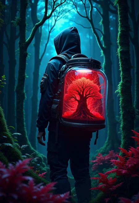 bo-naturepunk, naturecyberpunk, greenpunk, A surreal scene set in a dense forest, where a figure stands facing away, wearing a dark hooded jacket and a tactical backpack. The backpack contains a large glass container glowing in radiant red tones, showcasing a miniature forest inside, illuminated with intricate patterns reminiscent of electric veins. Surrounding trees are tall and slender, bathed in a contrasting cool blue light, creating an ethereal atmosphere. The forest floor features patches of vibrant red foliage, enhancing the otherworldly feel. The color contrast between the warm red of the container and the cool blue of the forest creates a dramatic and haunting aesthetic, combining elements of hyperrealism and surrealism.<lora:FLUX Naturepunk\bo-naturepunk-000012.safetensors:1.0:1.0>