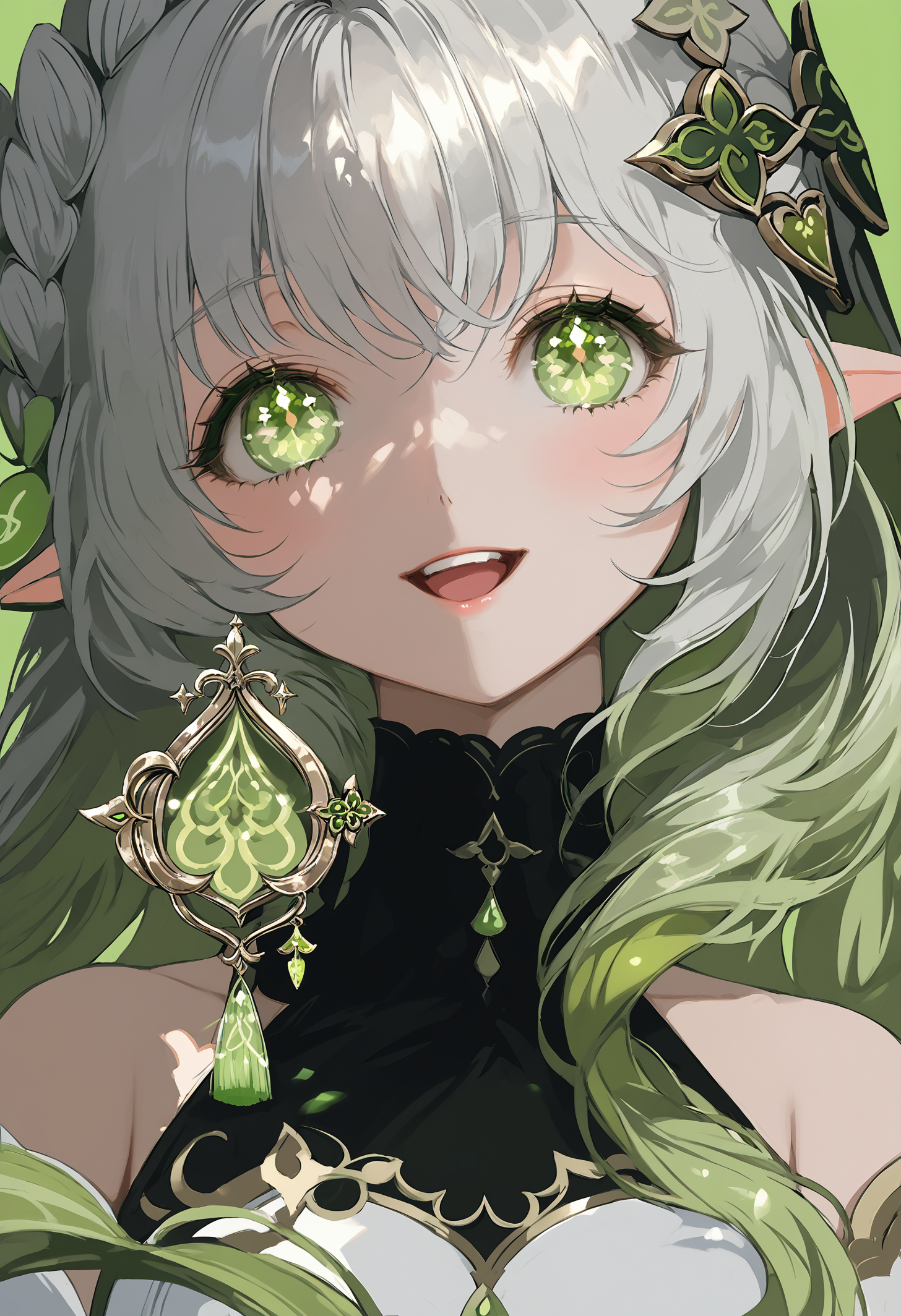 score_9, score_7_up,source_anime,rating_explicit,uncensored,anatomically correct,best perspective BREAK
 <lora:O_Hyatsu_4:1> o hyatsu 4 style
1girl, nahida \(genshin impact\), green hair ornament, silver hair, pointy ears, happy, looking at viewer,