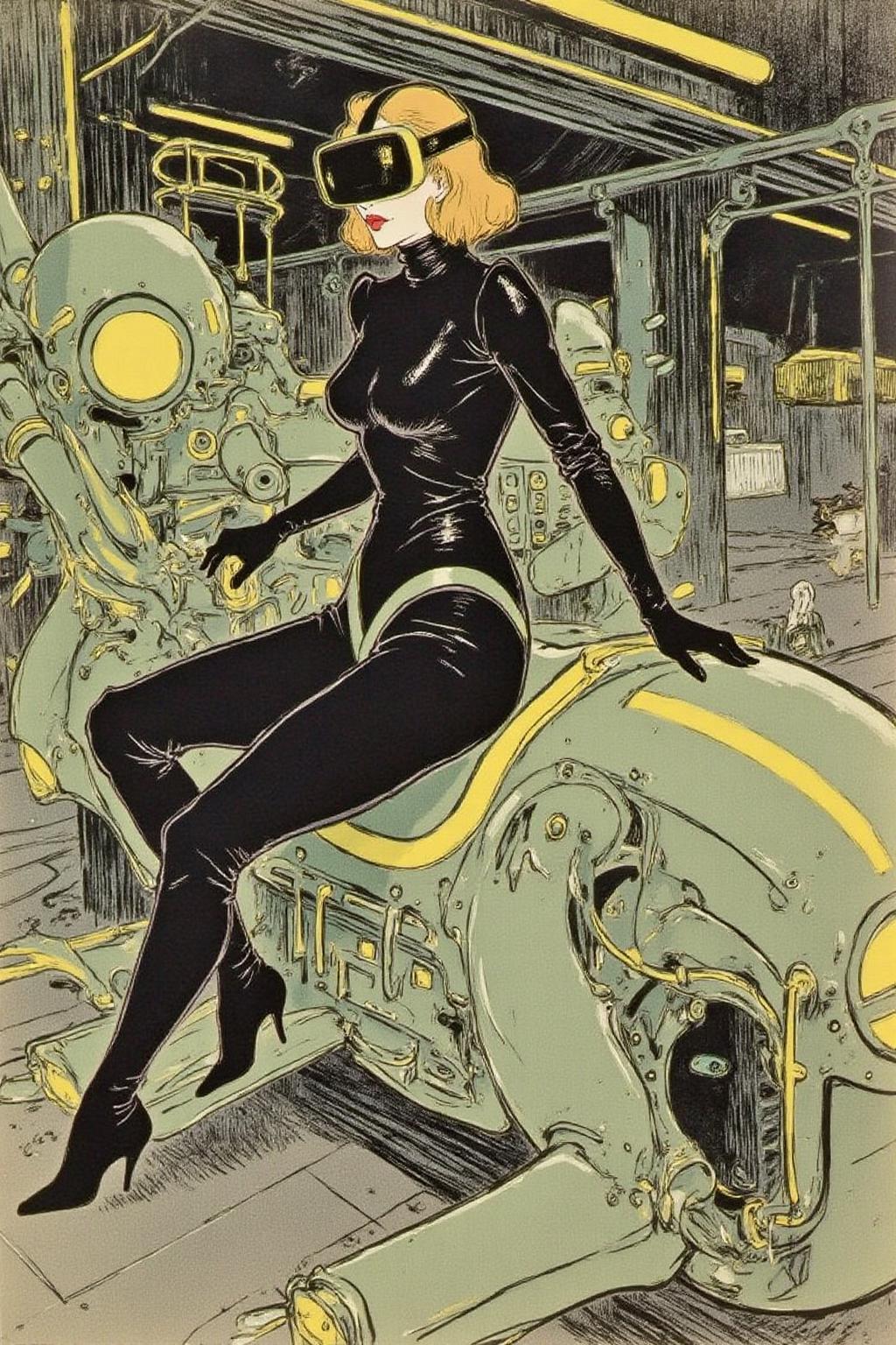 lautrec1 illustration rendered in a stylized, Art Nouveau style typical of the era, with a pastel color palette dominated by shades of green, yellow, and brown.
A striking, futuristic scene depicts a woman dressed in sleek, form-fitting leather attire, sitting confidently atop an open power suit, inspired by the cyberpunk aesthetics of Masamune Shirow. The power suit, a blend of advanced technology and military-grade armor, features intricate mechanical details, exposed wiring, and a robust, yet streamlined design. The woman, wearing a cutting-edge VR headset, exudes a sense of control and mastery over the machine beneath her. Her posture is relaxed yet commanding, with one hand resting on the suit's metallic surface and the other casually holding a piece of advanced tech. The background is a high-tech industrial setting, with dim lighting that casts dramatic shadows, highlighting the fusion of human and machine. The overall atmosphere is one of futuristic coolness and cybernetic elegance, capturing the essence of Shirow's iconic style  <lora:lautrec1_cap_d6a3e11:1.0><lora:810954263162304601:0>