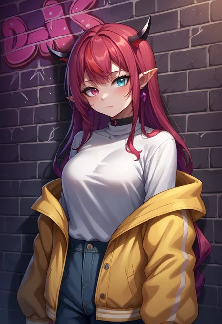 score_9, score_8_up, source_anime, 1girl, solo, IrysHolo, horns, heterochromia, purple eye, blue eye, long hair, earrings, sharp eyes, choker, neon shirt, open jacket, turtleneck sweater, night, against wall, brick wall, graffiti, dim lighting, alley, looking at viewer, <lora:CHAR-IrysPonyXL:1>