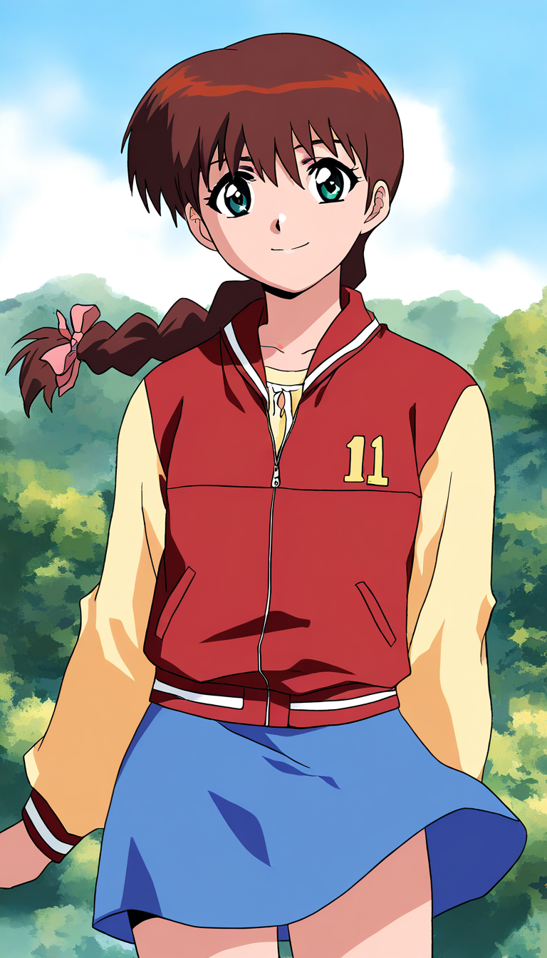 masterpiece, best quality, good quality, <lora:Miyanoshita_Satsuki_IS:1>
Miyanoshita_Satsuki, 1girl, solo, brown hair, green eyes, single braid, long hair, bangs, 11 mark,
blue skirt,red jacket,Yellow long sleeves,
 anime coloring, outdoor, day, sky,
smile,looking at viewer, cowboy_Shot,