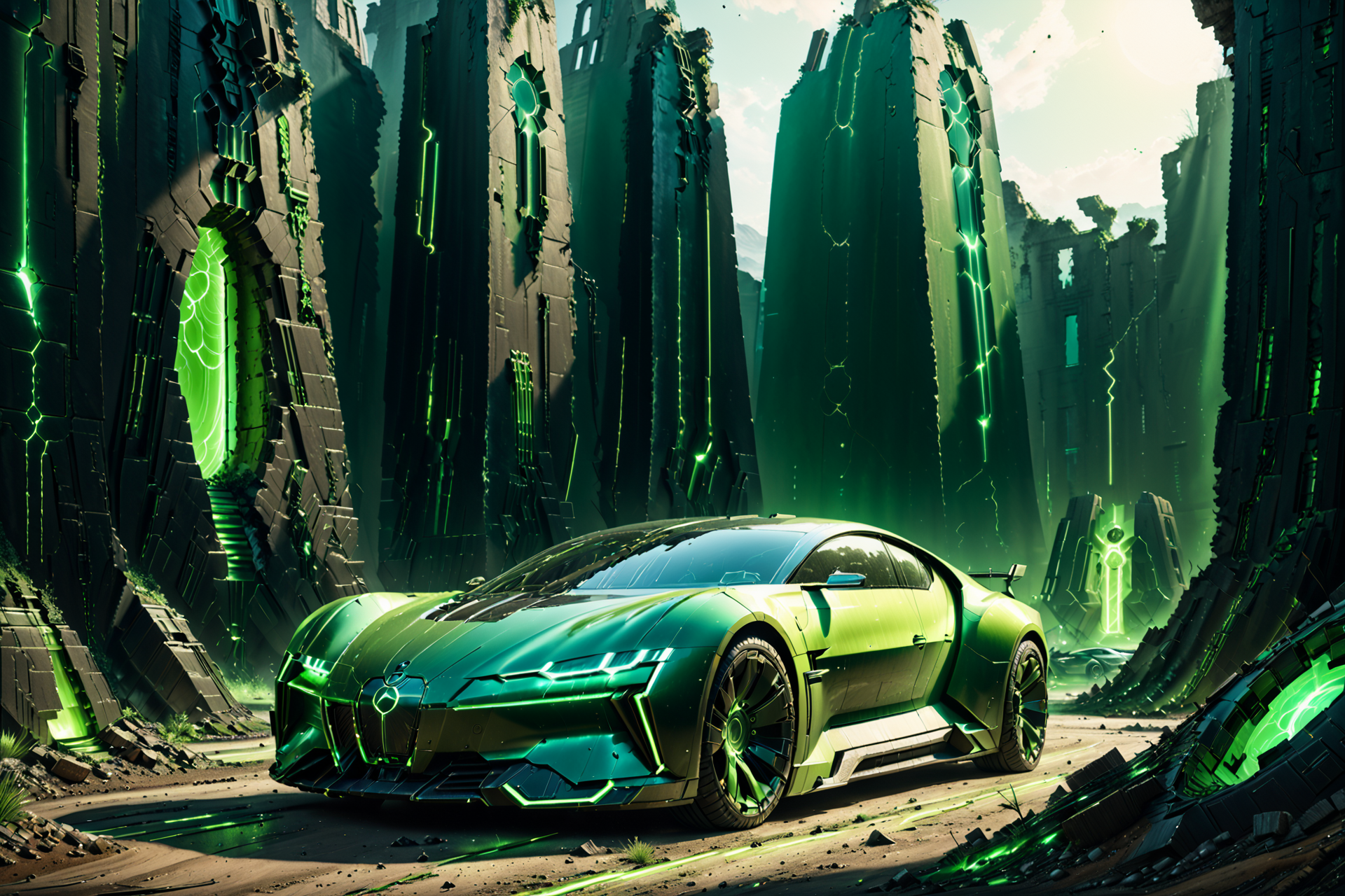Necron, electricity, green glow, green theme, luxury car, futuristic ruins, detailed background, sunlit tones, soft glow, dynamic angle, wide shot, <lora:Necron_World_XL-000009:1>
