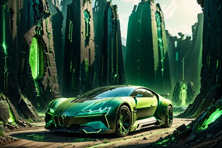 Necron, electricity, green glow, green theme, luxury car, futuristic ruins, detailed background, sunlit tones, soft glow, dynamic angle, wide shot, <lora:Necron_World_XL-000009:1>