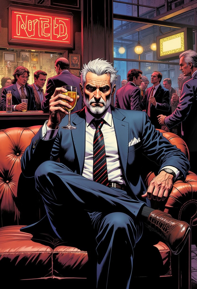 comic book style, 
A man sitting on a couch in a busy club with one leg crossed over the other. A drink in his hand. He is wearing an expensive suit dressed as a business man. 
 solo, looking at viewer, 1boy, white hair, mature, male focus, facial hair, beard, 
Full body,