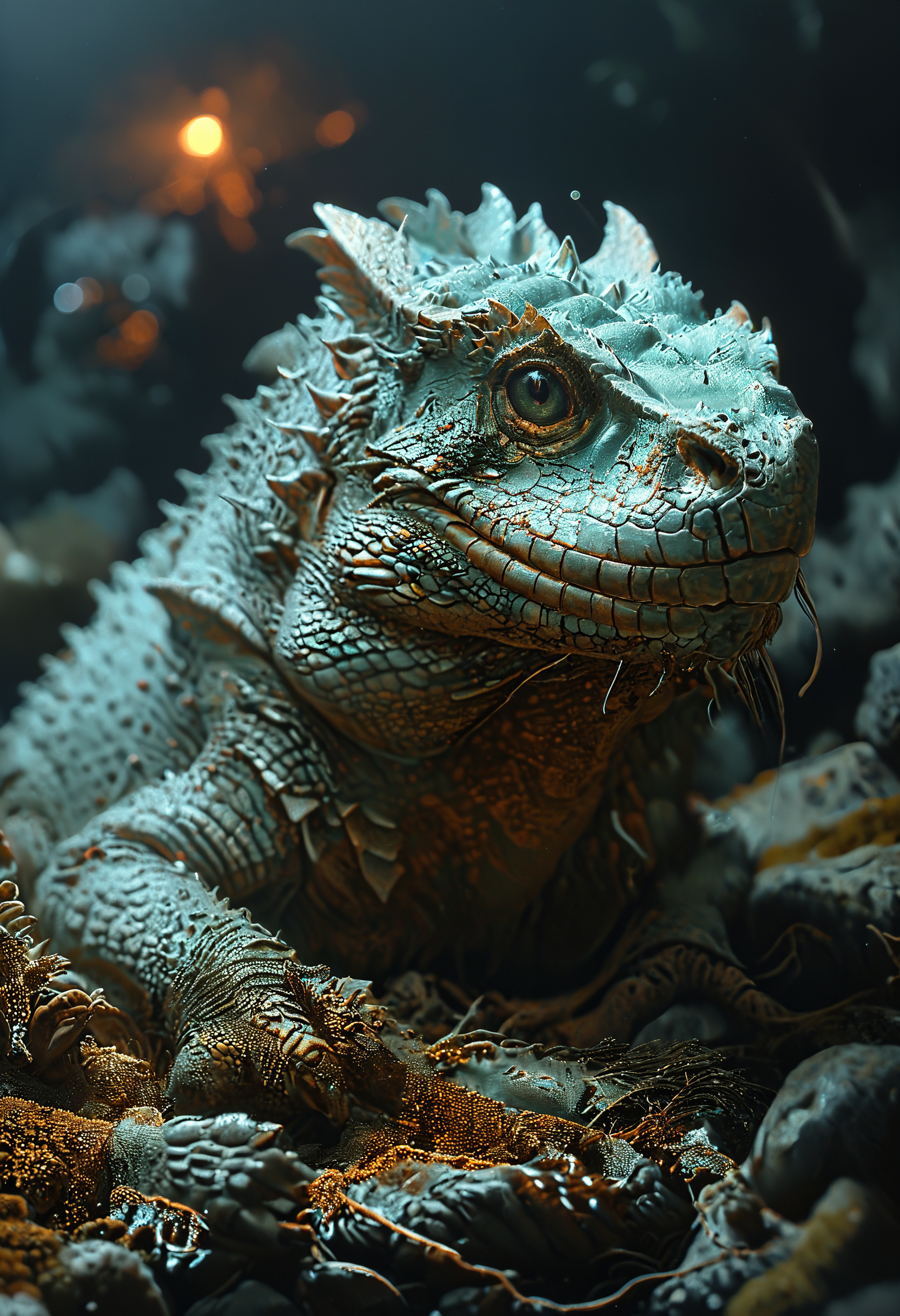 <lora:Mythical_Beasts:0.8> fmb Tuatara,  <lora:MJ52:0.8>, Cinematic lighting, <lora:Bio-Luminescence:0.8> bioluminescent, glowing <lora:The_Classic:0.8>