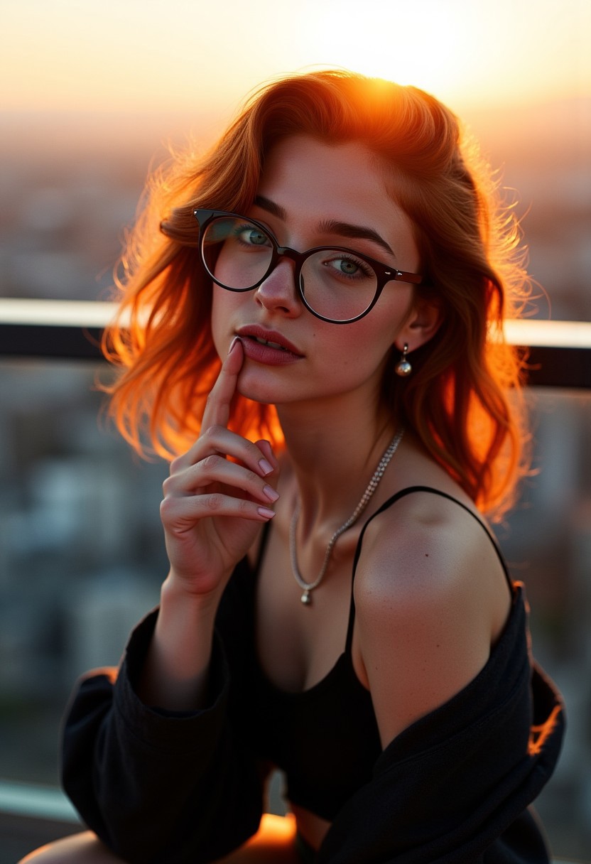A beautiful 18-year-old woman with ginger hair, medium wavy hair, striking aqua eyes, soft freckles, bold eyebrows, and glasses for a nerdy appearance. She is in a modern, stylish outfit, and is captured in an upper body camera shot, striking a random pose as she looks towards the viewer. A high-rise rooftop overlooking a city skyline during sunset, with warm golden hues, a slight breeze moving the hair, and the distant glow of city lights starting to come alive.The rooftop features sleek, glass railings, providing an unobstructed view of the sprawling city below. The glass reflects the warm tones of the sunset, adding a touch of modern elegance. A delicate chain attached to her glasses, allowing them to hang around her neck when not in use.Small, understated stud earrings, shaped like a planets. Index finger gently pressed against her lips in a “shh” gesture, with a playful or mysterious expression.