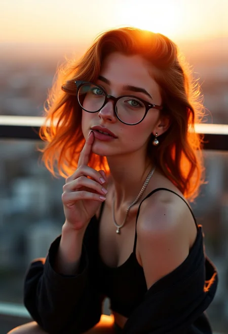 A beautiful 18-year-old woman with ginger hair, medium wavy hair, striking aqua eyes, soft freckles, bold eyebrows, and glasses for a nerdy appearance. She is in a modern, stylish outfit, and is captured in an upper body camera shot, striking a random pose as she looks towards the viewer. A high-rise rooftop overlooking a city skyline during sunset, with warm golden hues, a slight breeze moving the hair, and the distant glow of city lights starting to come alive.The rooftop features sleek, glass railings, providing an unobstructed view of the sprawling city below. The glass reflects the warm tones of the sunset, adding a touch of modern elegance. A delicate chain attached to her glasses, allowing them to hang around her neck when not in use.Small, understated stud earrings, shaped like a planets. Index finger gently pressed against her lips in a “shh” gesture, with a playful or mysterious expression.