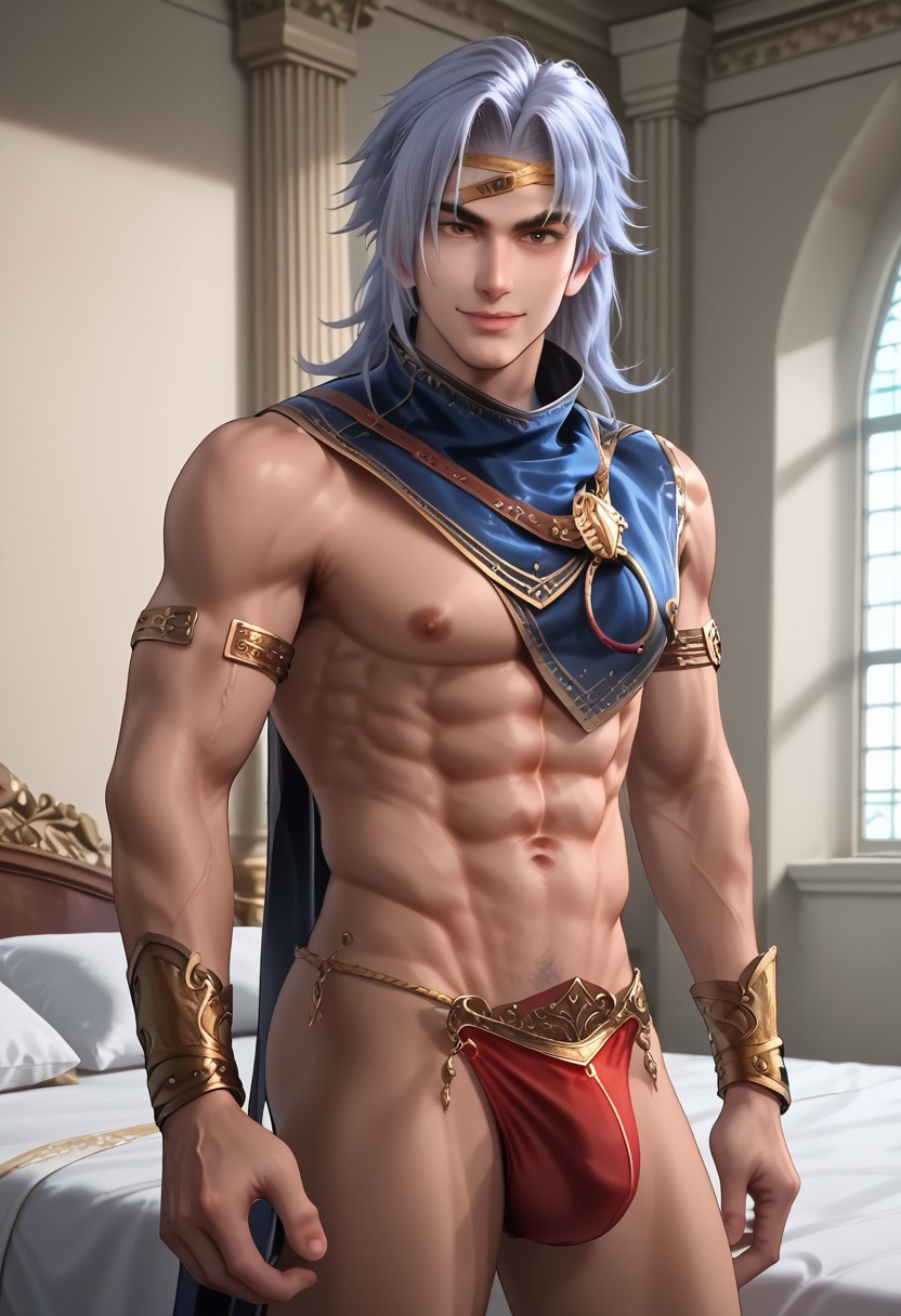 score_9, score_8_up, score_7_up, 1 man, adult, solo, male focus, (LanGe, LanGe_silver-blue-hair, LanGe_long-medium-wavy-hair, LanGe_dark-eyebrows, LanGe_gray-eyes, LanGe_asian-shaped-eyes, LanGe_golden-head-ornament), dynamic angle, looking at viewer, male model standing on his elegant bedroom, nude,  naked, bare shoulder, big round pecs, nipples, abs, pillows, slim muscular,  gay, homoerotic, confident, sexy, half smile, abs, pecs, nipples, v-line, muscular bubble butt, pubic hair, Penis Pouch, golden cock ring, drawstring, penis window, red c-string, (no straps), strapless underwear, penis pouch, penis_pouch, c-string, strapless bottom, huge bulge, penis shape, relaxed and carefree vibe, indoors, bedroom, palace, elegant atmosphere, high quality, realistic, hd render,