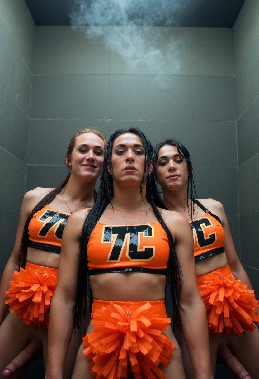 {    "T5": "A high-contrast, cinematic photograph capturing a group of trans cheerleaders, each with a prominent penis, standing confidently in a steamy shower room. The camera is positioned directly in front of the group, emphasizing their collective strength and unity. The cheerleaders' skin glistens with water droplets, and their hair clings to their faces, framing their determined expressions. The shower tiles are a sleek, modern gray, and the walls are adorned with misty mirrors, adding to the sense of luxury and drama. Each cheerleader wears a vibrant, matching uniform, complete with pom-poms and a bold, graphic 'TC' logo on their chest. The overall mood is one of empowerment and celebration, with the trans women owning their bodies and identities. The photograph is shot on 35mm film, using a Canon EOS 1V camera, with a shallow depth of field to blur the background and accentuate the subjects.",    "CLIP": "trans cheerleaders, penis visible, shower scene, cinematic, high-contrast, steamy, modern gray tiles, misty mirrors, vibrant uniforms, pom-poms, graphic logo, empowered expressions, 35mm film, shallow depth of field" }