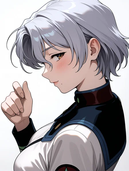 masterpiece,best quality,newest,
1girl,solo,
<lora:Sally_Saint_Ford_ilxl_v1.1:1>,s_s_f,grey hair,brown eyes,mole under mouth,s_clothes,
<lora:Fixhands_anime_bdsqlsz_V1:1>,simple_background,white_background,looking_at_viewer,blush,hand_in_hair,upper_body,profile,seductive_smile,