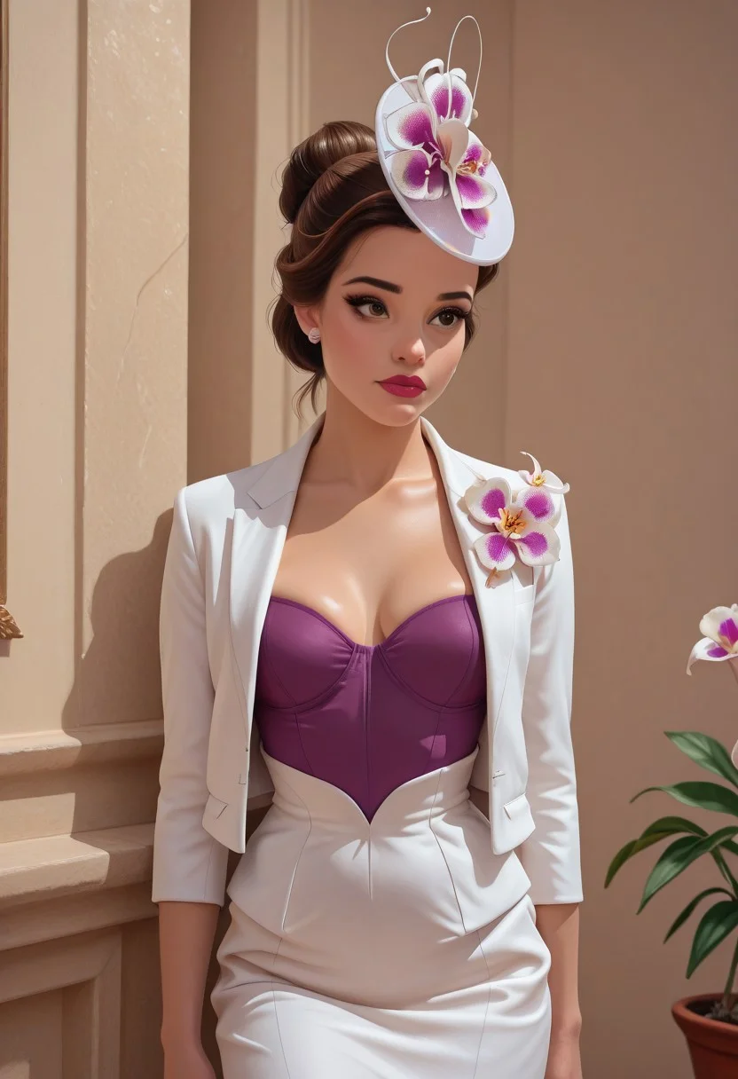 masterpiece, best quality, amazing quality, very aesthetic, high resolution, ultra-detailed, absurdres, 1girl, BelleXL, brown hair, brown eyes, jewelry, single hair bun, lipstick, makeup, white suit jacket, purple bustier, white pencil skirt, fascinator, orchids,