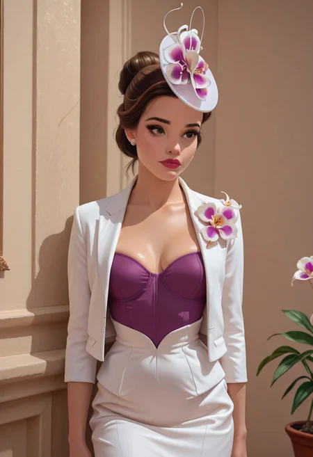 masterpiece, best quality, amazing quality, very aesthetic, high resolution, ultra-detailed, absurdres, 1girl, BelleXL, brown hair, brown eyes, jewelry, single hair bun, lipstick, makeup, white suit jacket, purple bustier, white pencil skirt, fascinator, orchids,