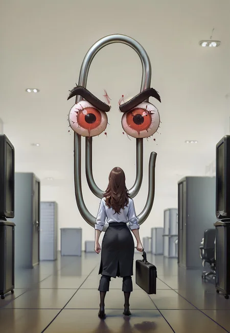 safe_pos, Masterpiece (quality), 1girl, wearing office clothes, brunette hair, holding a briefcase, cl1ppy, pokemon (creature), angry, bosstyle. Office background