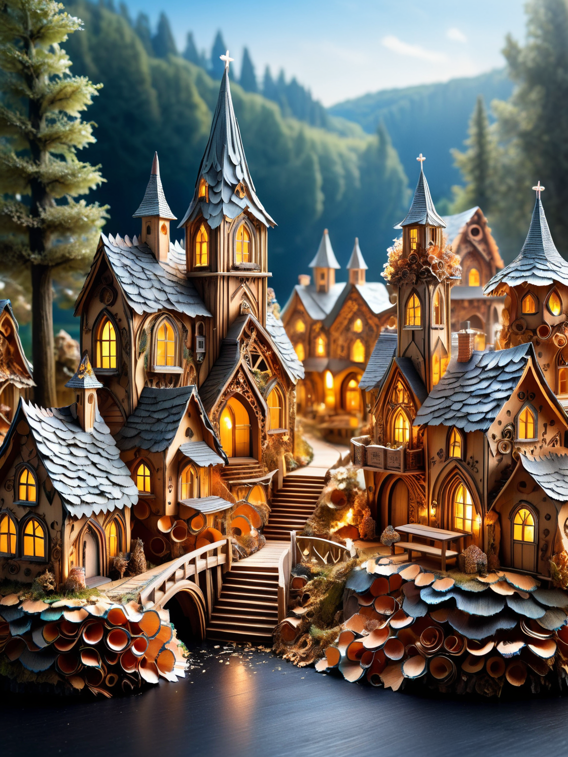 A whimsical miniature ais-pencilshavings fairy village, with shops, an inn, a church, houses, bridges, and gardens all intricately detailed covered in ais-pencilshavings, smoke from chimneys, ethereal light, magical, sunny day, atmospheric, dynamic, cinematic, masterpiece, intricate, hdr.  <lora:Pencil_Shavings_Style_SDXL:1>  <lora:EnvyBetterHiresFixXL01:0:hr=1>