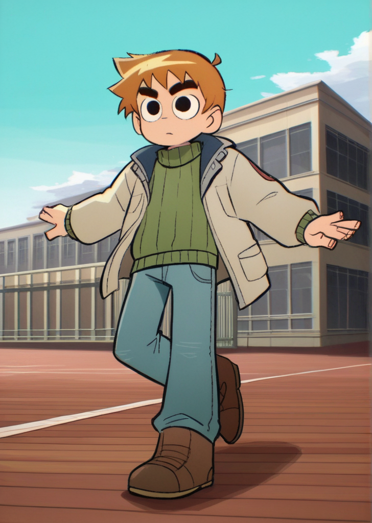 score_9, score_8_up, score_7_up, score_6_up, source_anime, zPDXL, BREAK
<lora:Scott_Pilgrim_Takes_Off:1> scottp, sketch, anime coloring, 1boy, solo, scott, short hair, brown hair, thick eyebrows, fall in the city  wool topcoat, chunky knit sweater, slim jeans, lace-up boots , doing yoga poses, in a serene garden,
