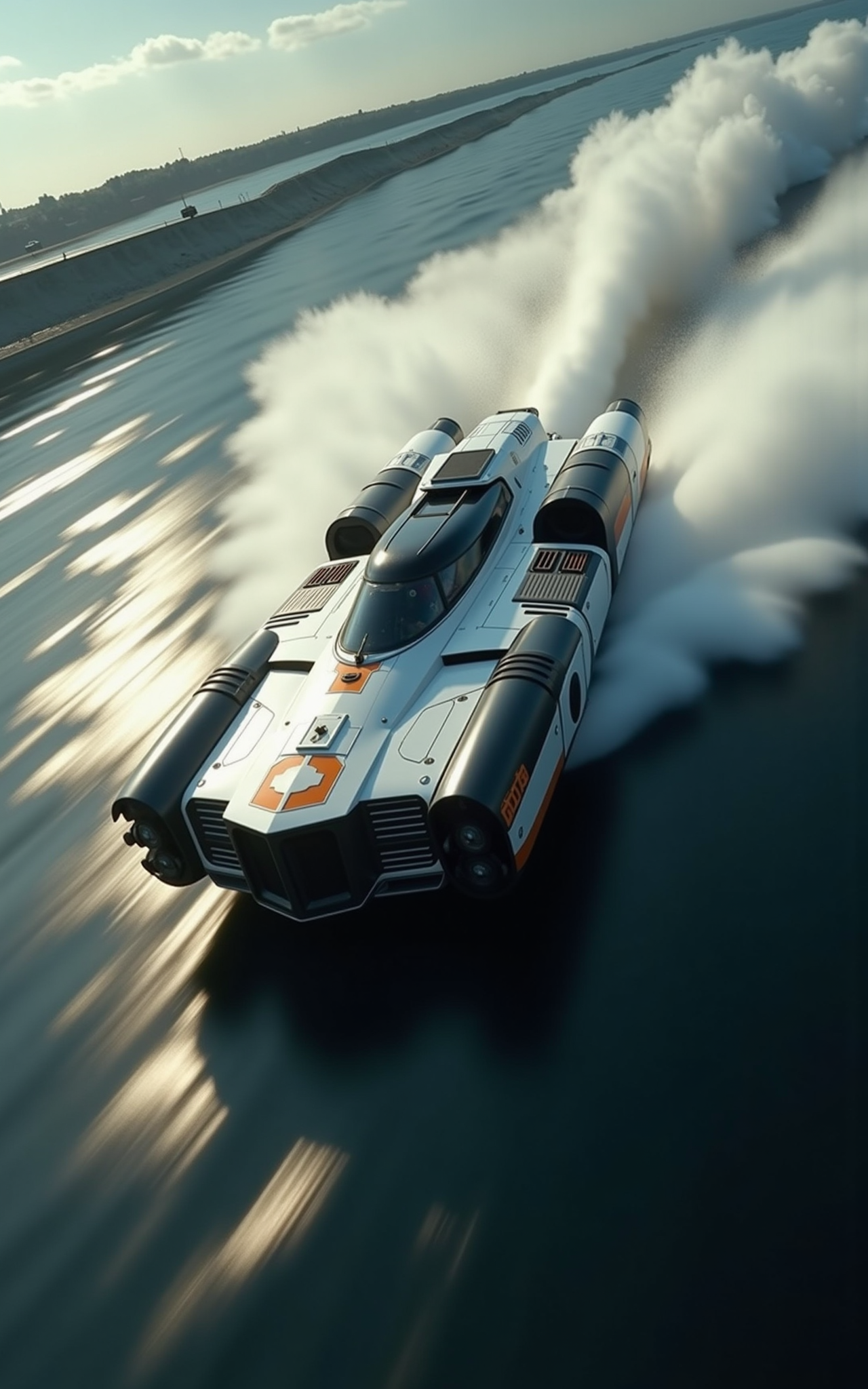 close up of a futuristic bulky square metal space ship passing by, with a lot of details and a big air inlet on the front, hovering over water, creating enormous splashes of and ripples in the water, the feel of speed is extreme, motion blur, white and black colors with some orange accents, high depth of field, dramatic light, cinematic scene，

highly detailed,ultra-high resolution,32K UHD,sharp focus,best-quality,masterpiece,unconventional supreme masterpiece,masterful details,depth of field,blurry background,blurry foreground,motion blur,going really fast masterpiece,deep focus,
color  graded cinematic,atmospheric  lighting,award  film grain,A shot with tension,(Visual impact,giving the poster a dynamic and visually striking appearance:1.2),impactful picture,
ultra-realistic,high dynamic range,photoreal,epic realistic,dark shot,shadows,(This is a real high-definition photo:1.1),with professional photography and high resolution，
contrast,layered colors,vivid colors,contrast,offcial art,movie perspective,very aesthetic,disheveled hair,perfect composition,intricate details,moody,epic,photorealistic,
intricate details,soothing tones,high contrast,natural skin texture,soft light,sharp,masterpiece,best quality,(ray tracing),sunlight,insanely interplay between lights and shadows,