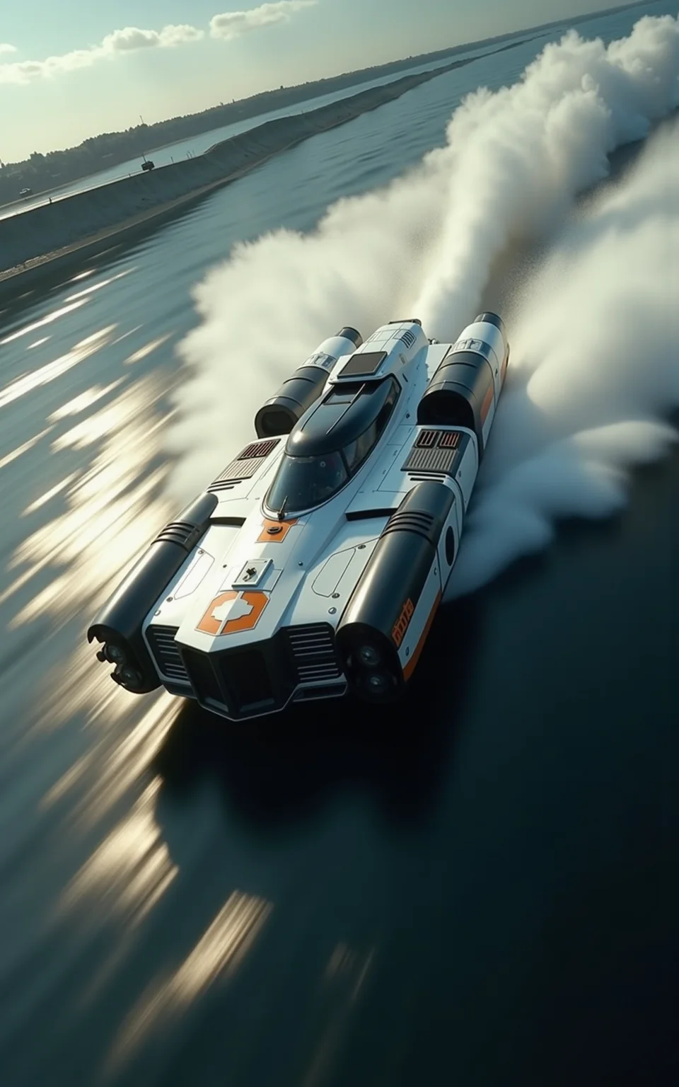 close up of a futuristic bulky square metal space ship passing by, with a lot of details and a big air inlet on the front, hovering over water, creating enormous splashes of and ripples in the water, the feel of speed is extreme, motion blur, white and black colors with some orange accents, high depth of field, dramatic light, cinematic scene,
highly detailed,ultra-high resolution,32K UHD,sharp focus,best-quality,masterpiece,unconventional supreme masterpiece,masterful details,depth of field,blurry background,blurry foreground,motion blur,going really fast masterpiece,deep focus,
color graded cinematic,atmospheric lighting,award film grain,A shot with tension,(Visual impact,giving the poster a dynamic and visually striking appearance:1.2),impactful picture,
ultra-realistic,high dynamic range,photoreal,epic realistic,dark shot,shadows,(This is a real high-definition photo:1.1),with professional photography and high resolution,
contrast,layered colors,vivid colors,contrast,offcial art,movie perspective,very aesthetic,disheveled hair,perfect composition,intricate details,moody,epic,photorealistic,
intricate details,soothing tones,high contrast,natural skin texture,soft light,sharp,masterpiece,best quality,(ray tracing),sunlight,insanely interplay between lights and shadows,