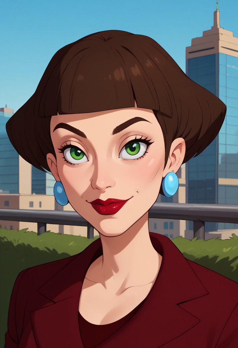((city background)),score_9, score_8_up, score_7_up,score_6_up, 
1girl, Solo, IMSlime_GGRO, light skin, green eyes, dark brown hair, dark brown eyebrows, red lips, bob haircut, short hair, straight bangs, wine blazer, dark red blouse underneath, wine pencil skirt, heels wine, light blue round earrings, social smile, big eyes, sexy face, close-up, face photo, perfect eyes, perfect smile