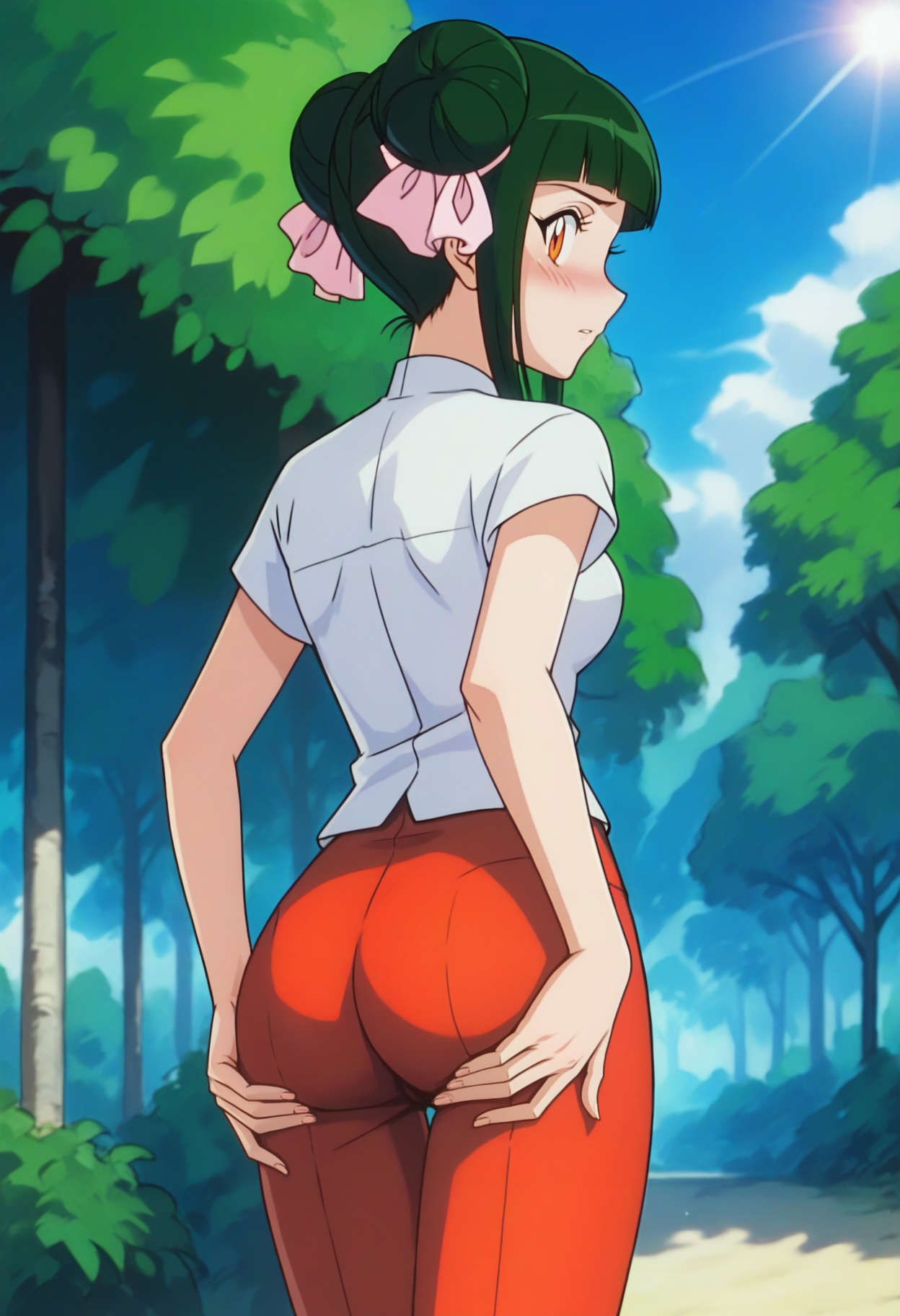 score_9, score_8_up, score_7_up, score_6_up, <lora:PMCassandra-000009:0.8>, PMCassandra, orange eyes, green hair, blunt bangs, double bun, sidelocks, hair ribbon, pink ribbon,
chinese clothes, white shirt, short sleeves, red pants, capri pants,
standing, from behind, looking back, grabbing own ass, blush, ass focus, looking at viewer, 
BREAK, blue sky, day, sunlight, outdoors, nature,