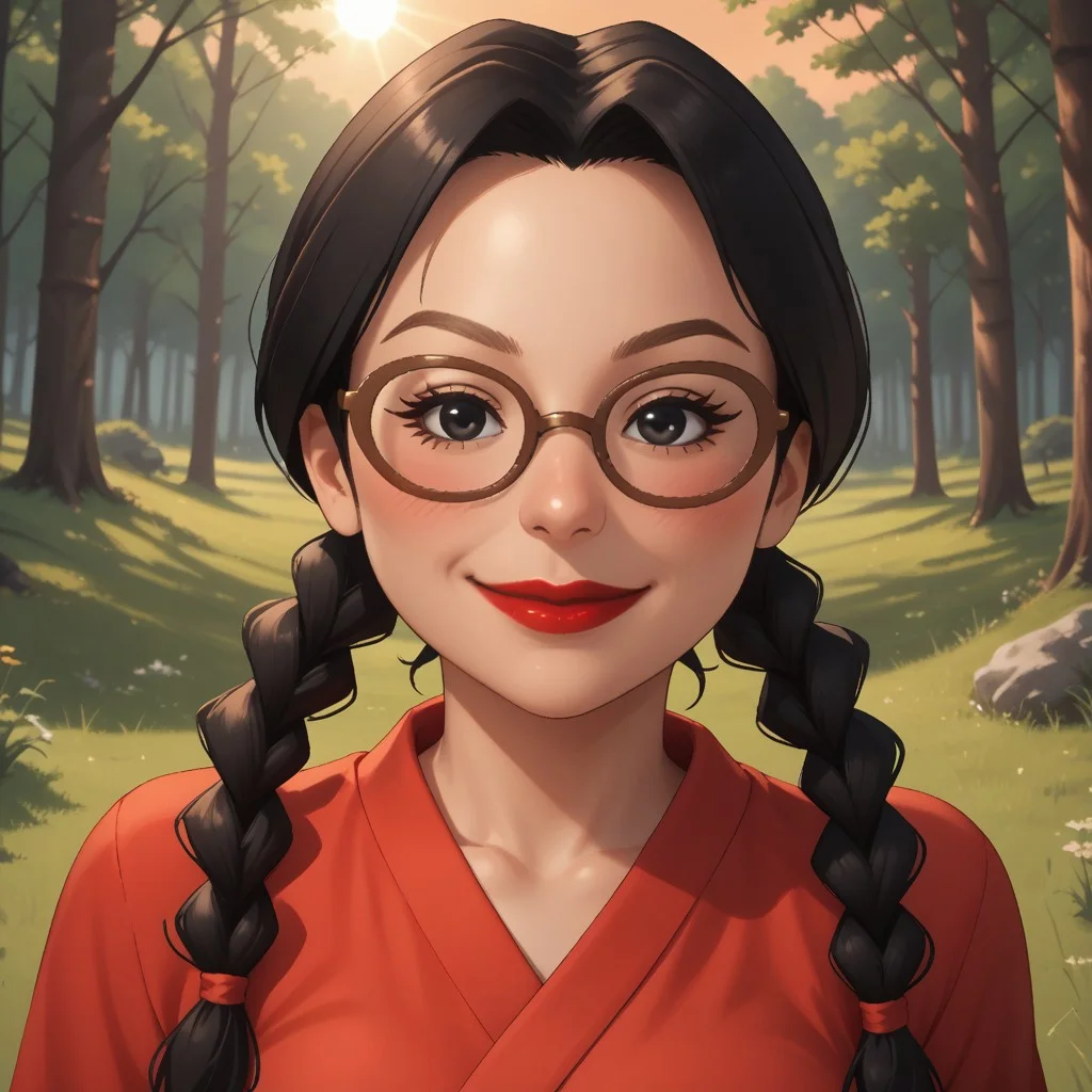 score_9, score_8, BREAK, solo, wii, mii, wii sports, 1girl, female mii, black hair, twin braids, black eyes, brown eyebrows, brown glasses, mole under mouth, blush, red lips, lipstick, red clothing, black pants, shoes, breasts, nintendo mii, modern_mii, classic_mii, Kiriko_(OC_Mii), cute, sexy pose, self portrait, smile, looking at viewer, outdoors, sunlight, shadows, evening lighting, natural lighting, forest, trees, grass, orange sky, sunset