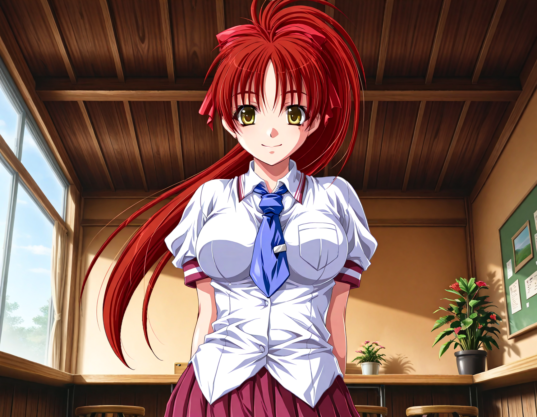 (1girl, solo:1.3), (2girls, 3girls, 4girls, multiple girls, 2boys, 3boys, 4boys, multiple boys:-1.5) <lora:Koume_Kaede_Crime_Rhyme_Series_Illustrious:0.9>, koume_kaede, large breasts, yellow eyes, brown eyes, red hair, long hair, ponytail, hair ribbon, red ribbon, (small mole under eye:0.35), (multiple moles:-1.0), school uniform, white shirt, short sleeves, pleated skirt, red skirt, blue necktie, smile, (tongue out:0.7), open eyes, general, contrapposto, dynamic pose, arms behind back, upper body, straight-on, from below, , indoors, cafeteria, cafe, wooden stool, plant, potted plant, flower, (perspective:0.7), <lora:NOOB_EPSv1_1_detailer_by_vlnvk_v1_0:1.5>, (photo background:0.7), evening, (tachibana yuu:0.6), inue shinsuke, (kazuma muramasa:0.0), saikawa yusa, (aoi manabu:0.6), abarerumidori, (suzui narumi:0.6), masterpiece, newest, absurdres, 8K, anime screenshot, anime coloring, flat color, official art, film grain, <lora:illustriousXLv01_stabilizer_v1.185c:0.7>, <lora:LECO_Solo:-4.0>,