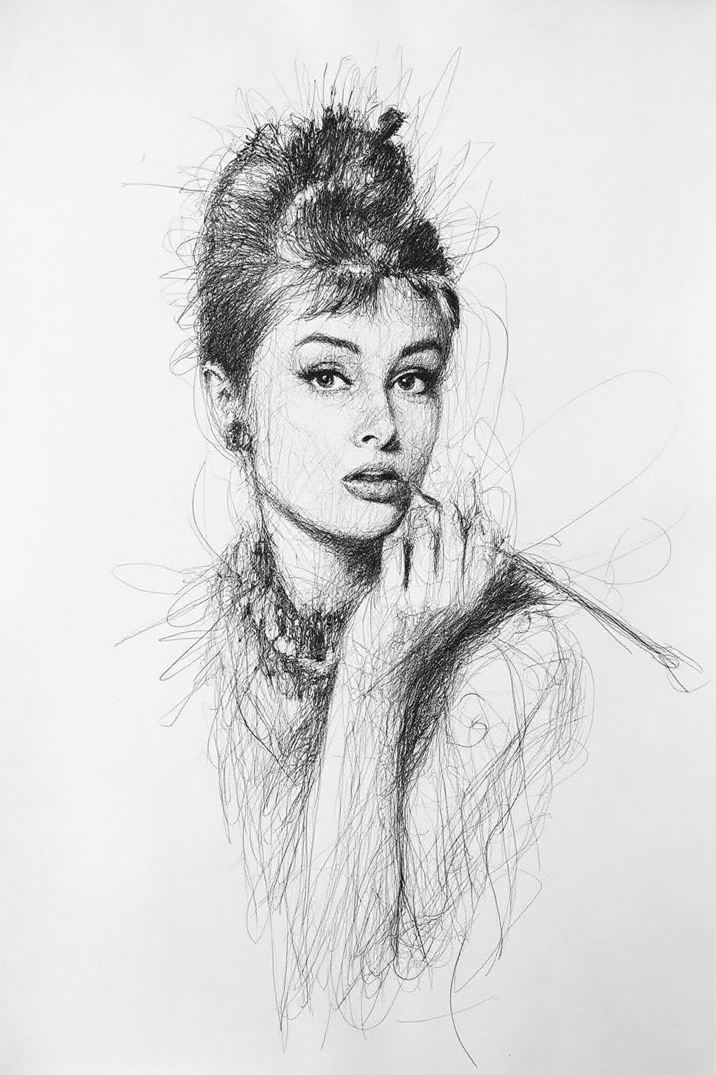 Drawing depicting a portrait of a young woman, actress Audrey Hepburn, as Holly Golightly in "Breakfast at Tiffany's". <lora:scribble1_nbm_d6a3:1.0><lora:822520627270257179:0>