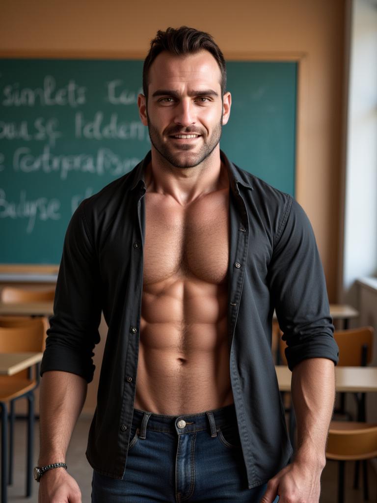 Pars has brown eyes.  He is an attractive man and is muscular.standing in a class room. he is a teacher. his shirt is tight and shows the shape of his muscles. some buttons open, jeans, he is very seductive and attractive. he smirking seductive