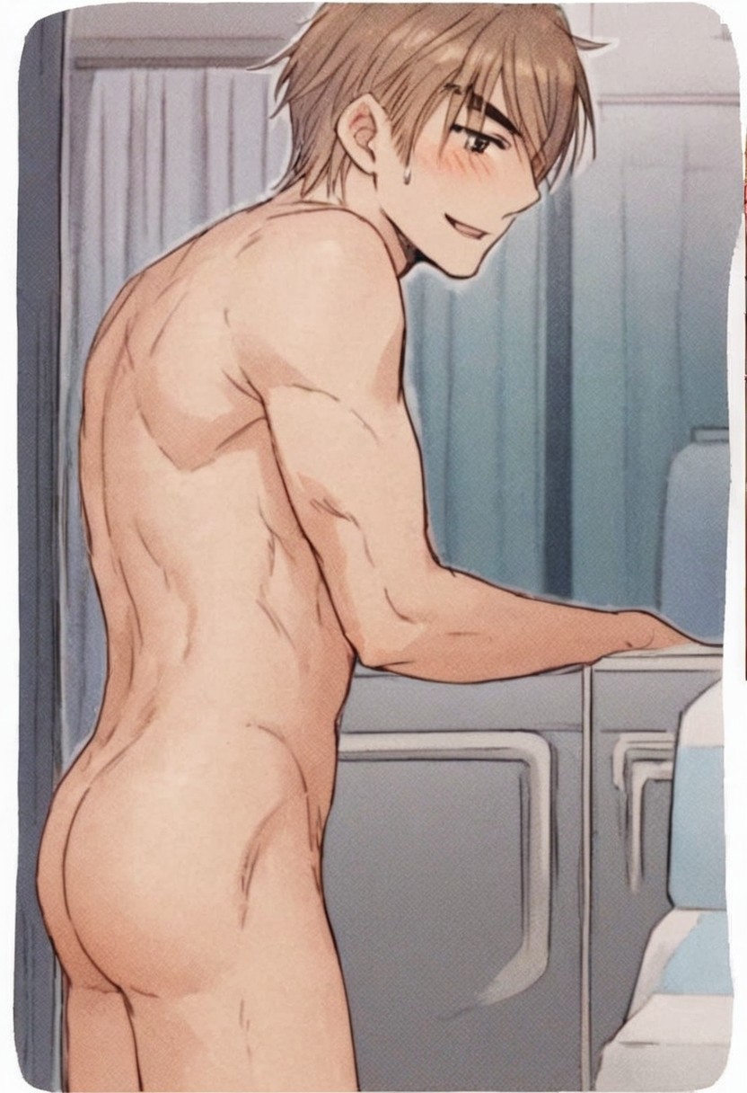 score_9, score_8_up, score_7_up, anime_source, official artstyle, anime screencap, highly detailed, 1boy, perfect composition, good shading, motion lines, movement lines, male focus, 1boy, solo, male focus, completely naked, bare upper body, barechested male, bare lower body, bare legs, thick abs, indoors, caravan, vehicle, ozaki guy, brown hair, short hair, male focus, solo, standing, flaccid penis, foreskin, backside view, defined back muscles, ((butt focus))