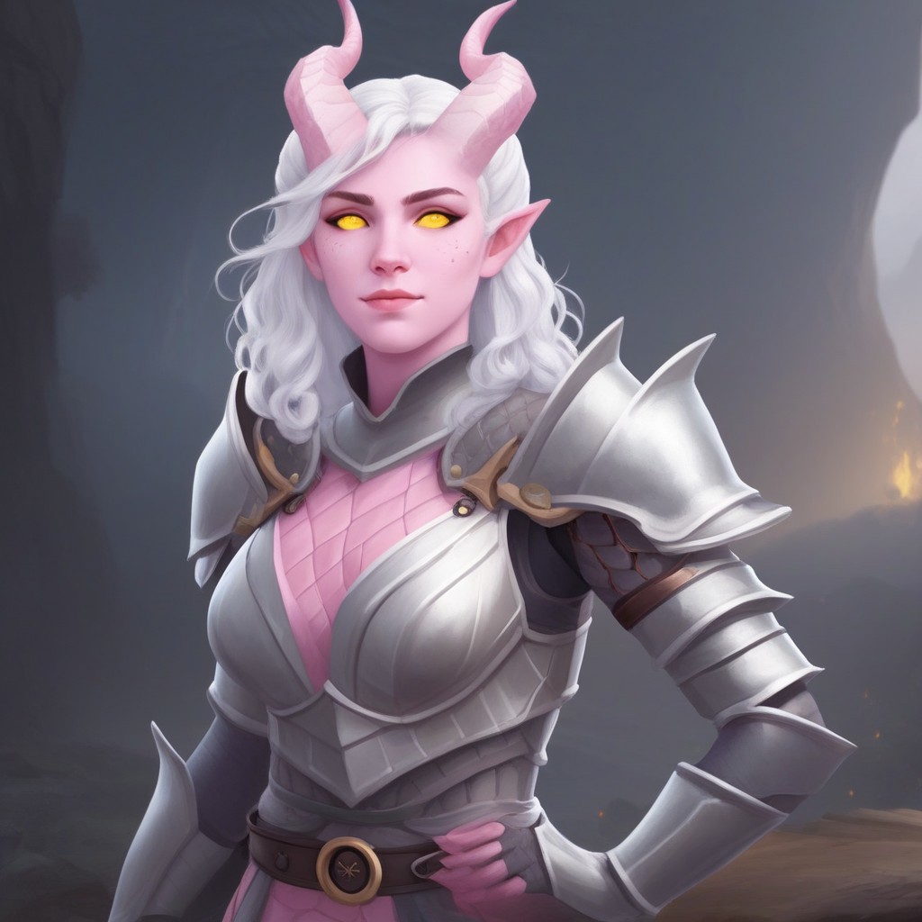 masterpiece, best quality, upper body, solo, 
tiefling, pointed ears, horns, tail,
1 girl, pink skin, yellow eyes, white hair, gathered hair, grey armor,
looking at the viewer, posing, 
fantasy background, blurred background,