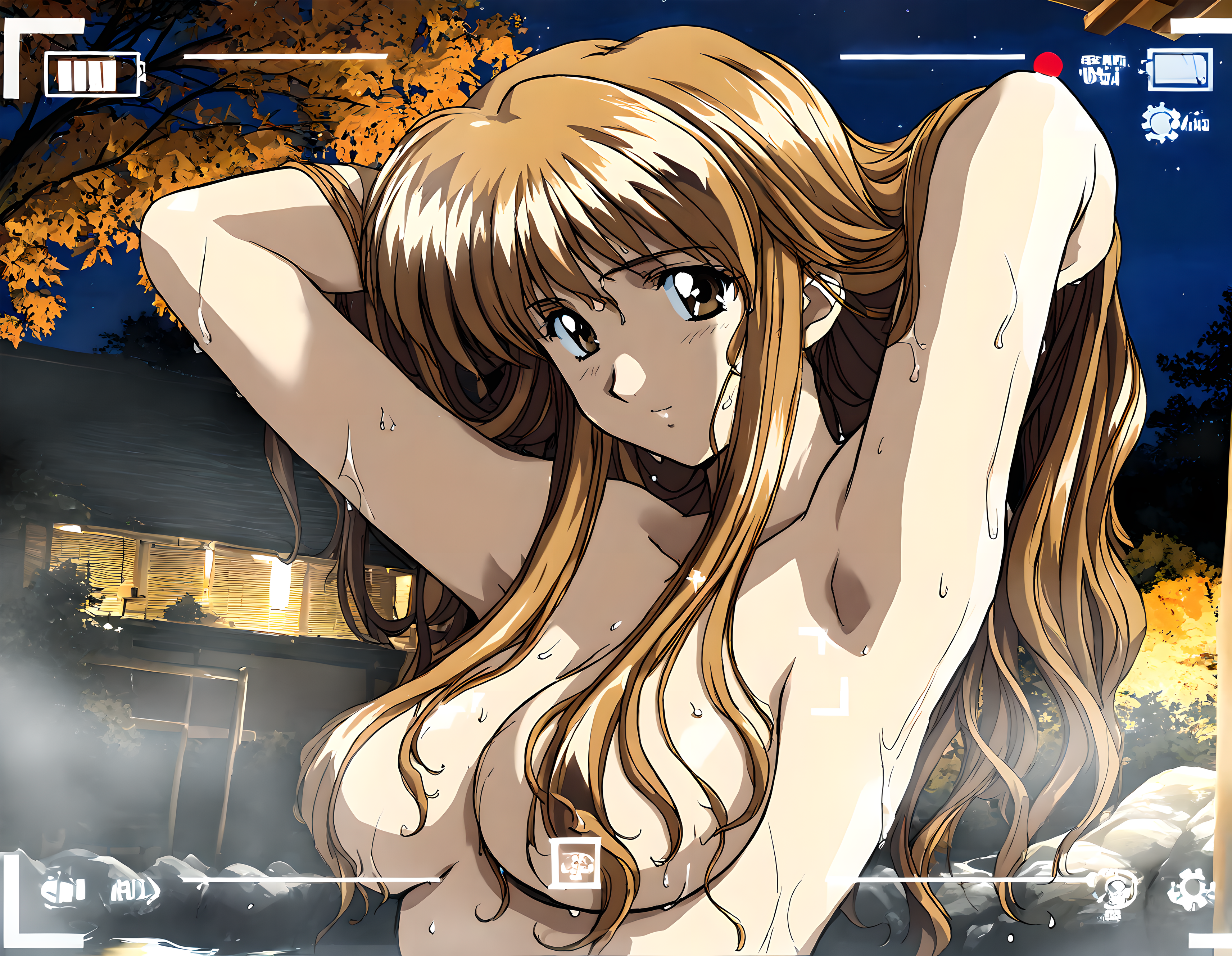 <lora:illustrious_XL_tokiko:0.9>,tokiko,masterpiece,best quality,good quality,1girl,solo,viewfinder,real world location,night,onsen,water,tree,nude,wet,armpits,hair over breasts,