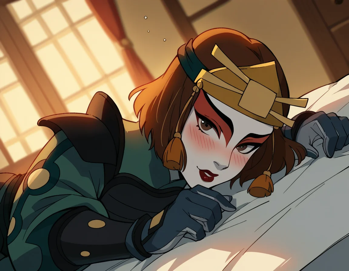score_9, score_8_up, score_7_up, source_anime, <lora:suki-book2-ponyxl-lora-nochekaiser:1>, suki, short hair, brown hair, brown eyes, makeup, lipstick,, gloves, armor, breastplate, hair ornament, gloves,, indoors, bed, bed room, on side, blush, drunk, looking at viewer, solo, cowboy shot, dutch angle