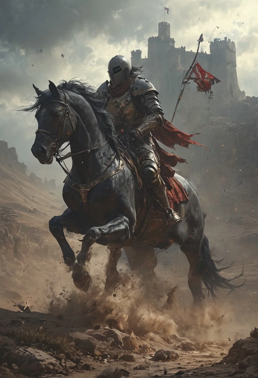 dramatic and intense scene, a valiant knight in full armor charging forward on a powerful black horse across a dusty battlefield, the knight holding a tattered black flag emblazoned with a royal crest, In the background a medieval castle looms against the barren, rocky landscape, high stakes and fierce conflict, Dust billows around the charging horse, emphasizing the speed and urgency of the scene, <lora:MJ52:0.6>, <lora:EpicF4nta5yXL:0.8>, <lora:add-detail-xl:1>, <lora:zavy-cntrst-sdxl:1>