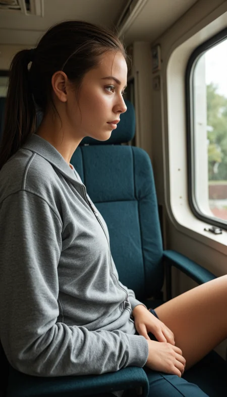 masterpiece, best quality, amazing quality, very aesthetic, high resolution, ultra-detailed, absurdres, scenery, photo, realistic, dramatic light,indoors,school, depth of field,dramatic shot, 1girl, solo, looking away, track suit, sitting in window, portrait, BREAK, depth of field, photorealistic details