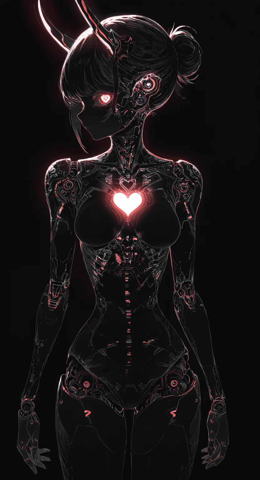 masterpiece, best quality, good quality, very awa, newest, highres, absurdres, 15546+456868,
1girl, solo, short hair, black hair, heart, nude, horns, hair bun, glowing, robot, science fiction, sideways glance, android, joints, robot joints, (no nipples:1.2), mechanical parts, cyberpunk, mechanical horns, hologram,
looking at viewer, black background,
cowboy shot, limited palette, sketch, glowing, psychedelic, black theme <lora:illustriousXL_stabilizer_v1.23:0.3> <lora:NOOB_vp1_detailer_by_volnovik_v1:0.3> <lora:ponyv6_noobE11_2_adamW-000017:0.3> <lora:114558v4df2fsdf5:1> <lora:mon_monmon2133:0.6>