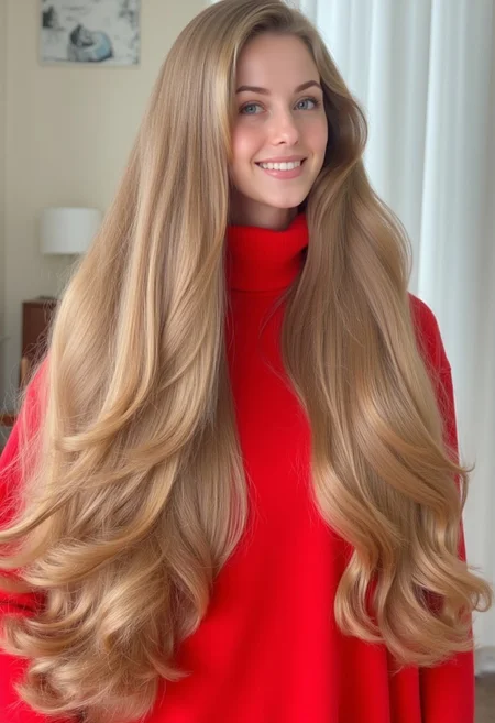 4k high definition photo of an adorable Russian supermodel with an extraordinary, voluminous hairstyle. She has a perfect stunning smile with straight white teeth. She has long, flowing, light bonde hair that cascades down her back and around her shoulders, creating a huge and voluminous flowing effect. The hair is styled in loose waves and curls, giving it a luxurious, almost ethereal appearance. Wavy hair texture. The woman's face is adorable and natural, with a delicate, heart-shaped face and striking blue eyes. Her age is approximately 25 years old, with young and healthy skin. She wears a bright red turtle neck that looks oversized and soft.