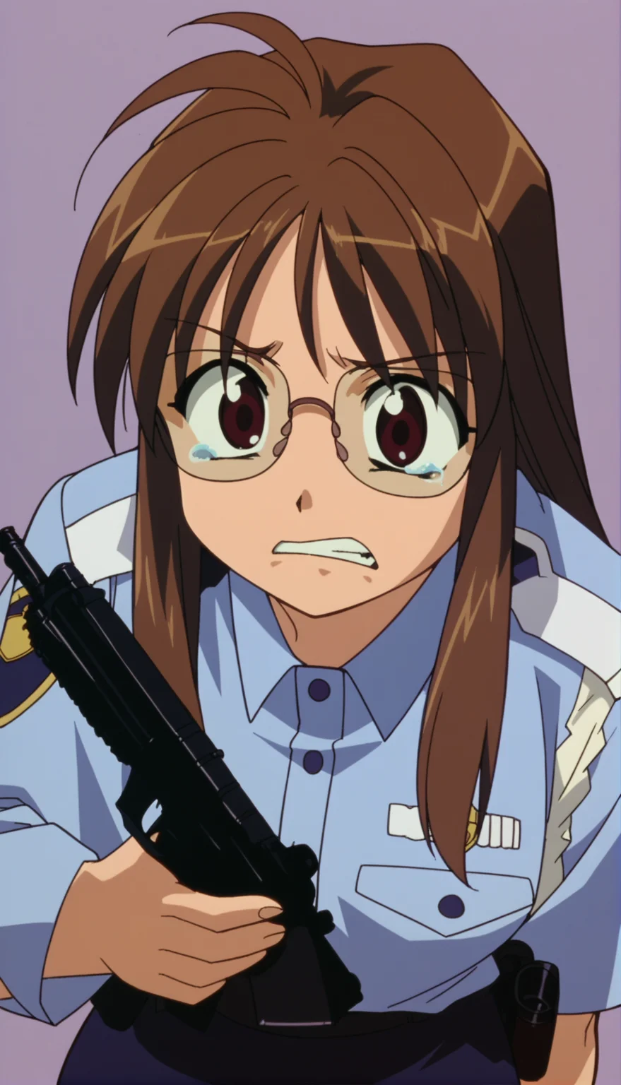 score_9,score_8_up,score_7_up,Nikaido Yoriko Pony,1990s \(style\),1girl,glasses,solo,brown hair,long hair,brown eyes,tears,police,uniform,police uniform,rimless eyewear,weapon,gun,clenched teeth,teeth,<lora:Nikaido Yoriko Pony:0.9>,dim lighting,upper_body,